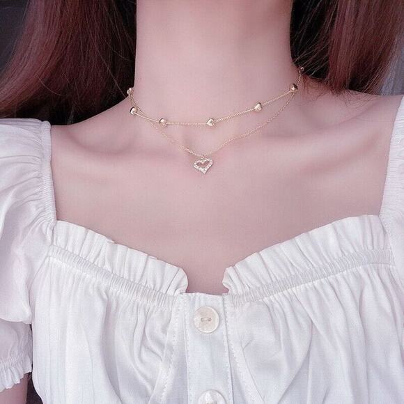 Double Layer Heart Shape Choker Necklace - Picture 1 of 3